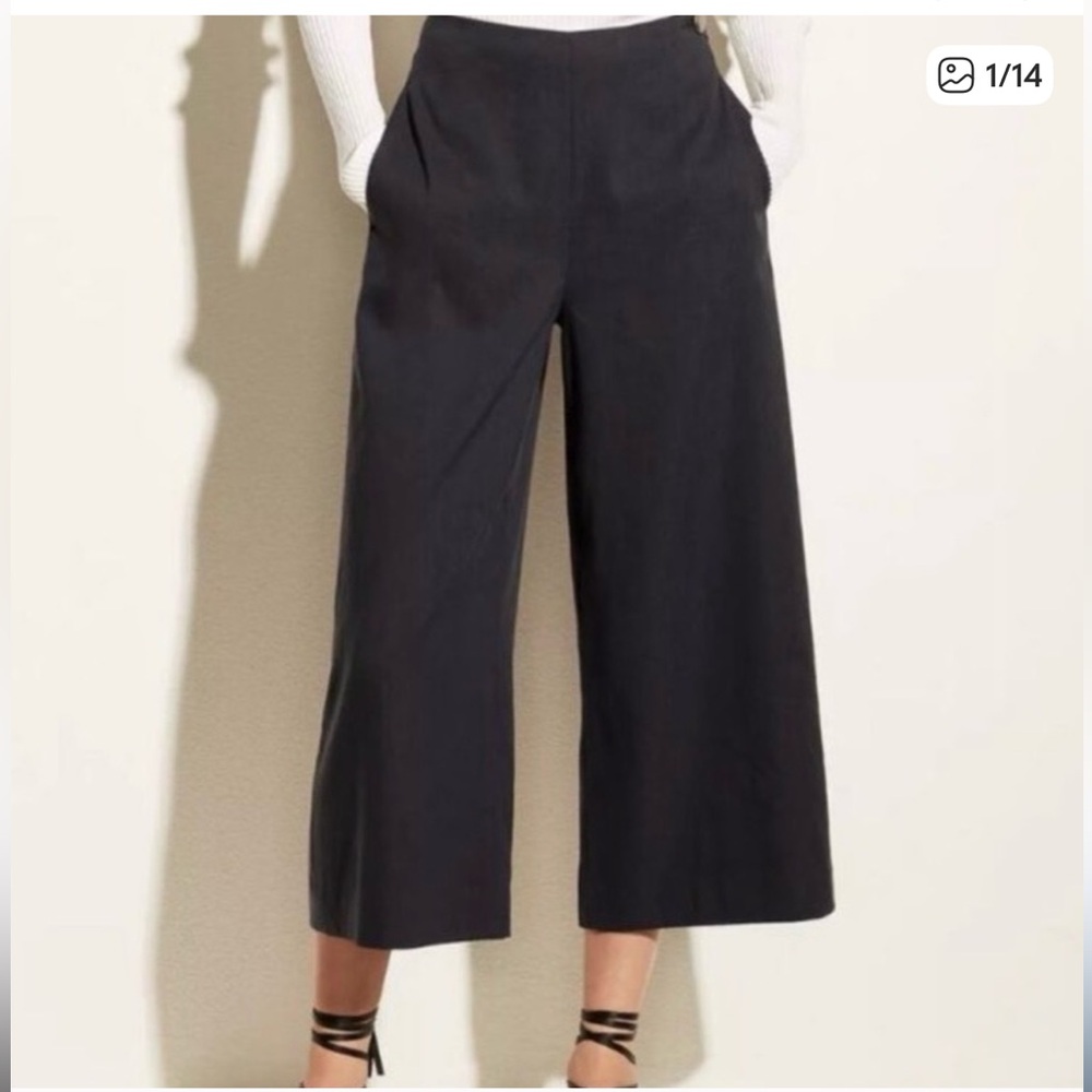 Vince Black Wide-Leg Cropped Linen-Blend Pants